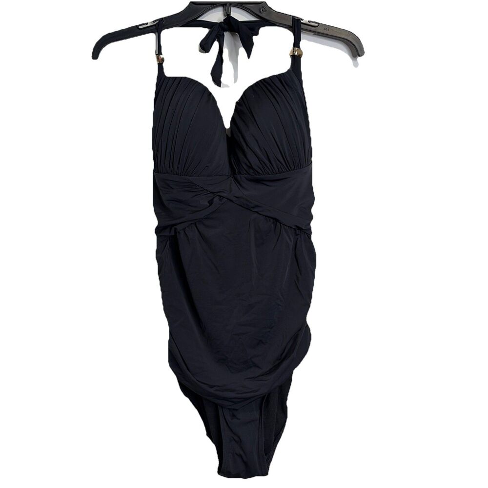 Kimi & Kai Maternity One Piece Swimsuit Size M Black Ruched Halter Neck Bathing